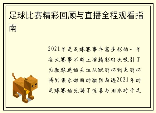足球比赛精彩回顾与直播全程观看指南